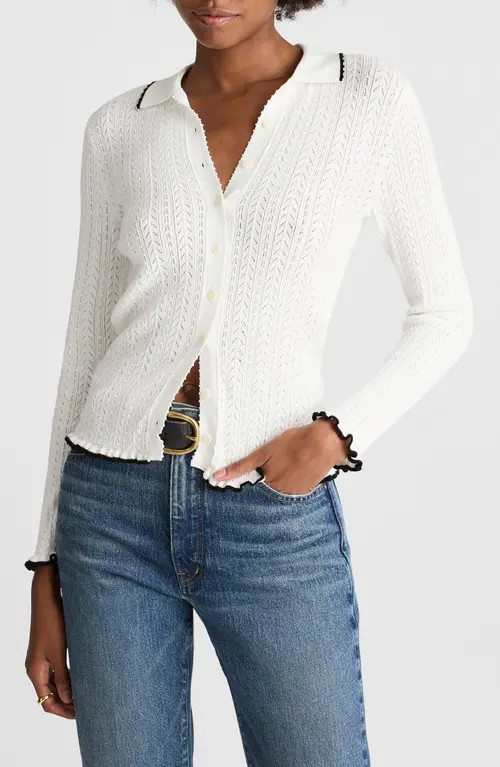 Madewell Ruffle Trim Pointelle Cardigan in Soft White W/Black Tipping at Nordstrom, Size X-Small | Nordstrom