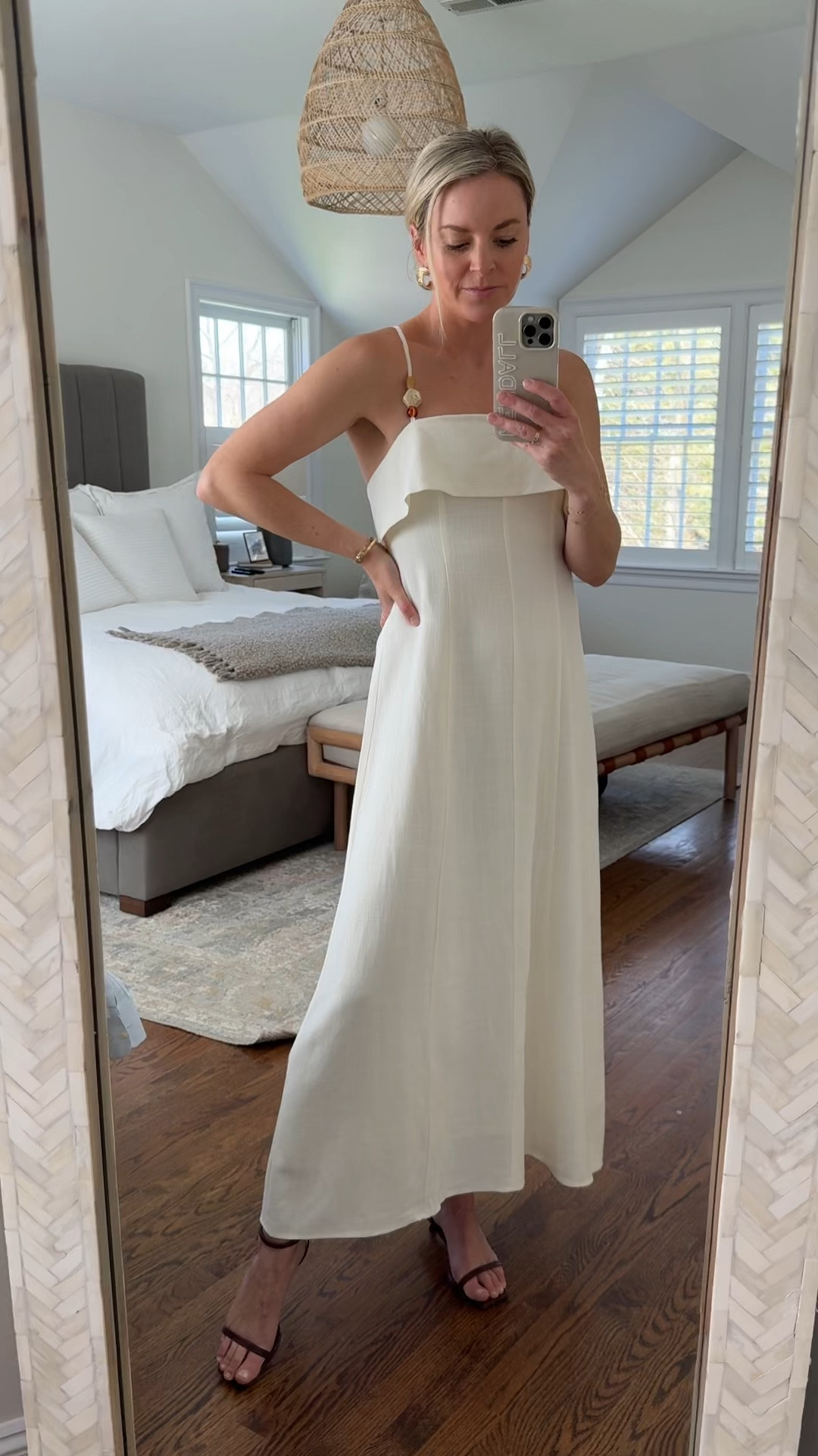 This dress is definitely coming with me on spring break! It’s double lined and I love the beaded straps and details in the back. 
-small dress, tts, I’m 5’5
-scrappy kitten heels tts 

white dress, vacation dress 