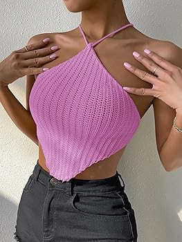WDIRARA Women's Crisscross Tie Back Knit Crop Halter Top Asymmetrical Bandana Tops | Amazon (US)