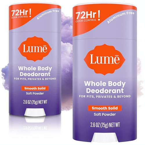 Lume Whole Body Deodorant - Smooth Solid Stick - 72 Hour Odor Control - Aluminum Free, Baking Soda Free and Skin Safe - 2.6 Ounce (Pack of 2) (Soft Powder) | Amazon (US)