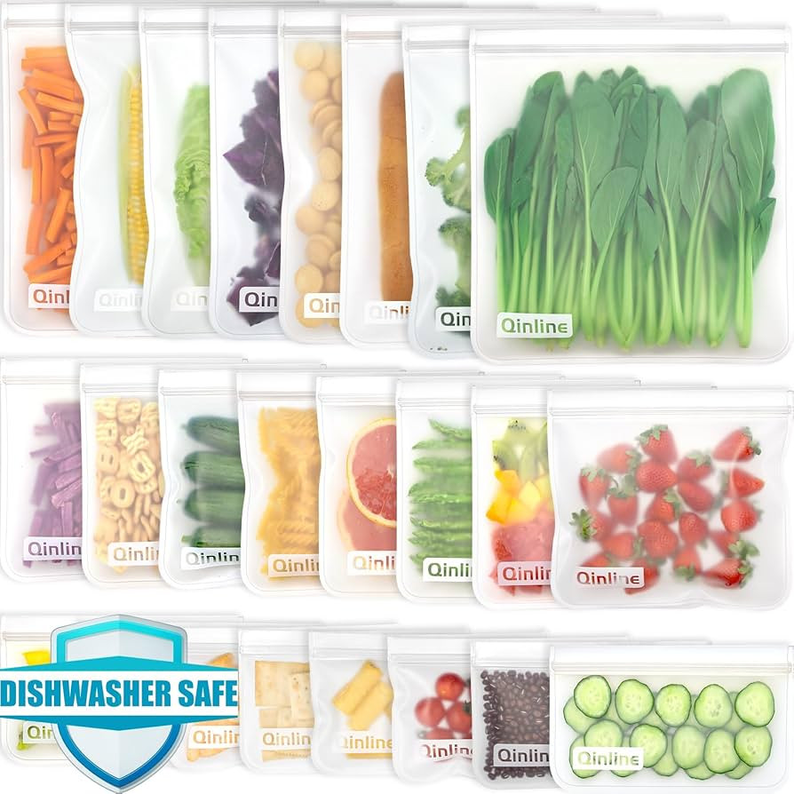 Qinline Reusable Food Storage Bags - 24 Pack Dishwasher Safe Freezer Bags, BPA Free Reusable Bags... | Amazon (US)