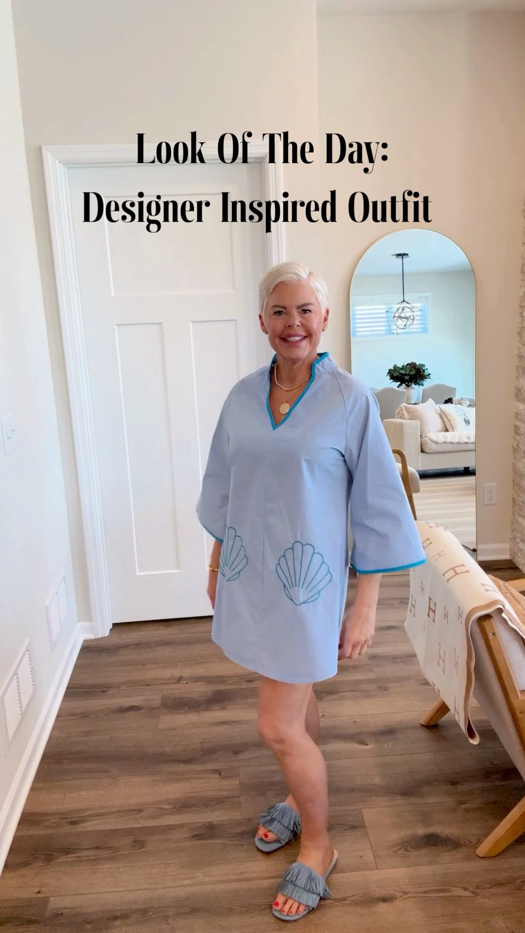 I'm obsessed with this Tnuck look for less cotton mini dress with 3/3 length sleeves and embroidered seashells. It's so good! You can wear this as resort wear, a swimsuit coverup or as a chic dress like I am. I've paired it with faux suede slides with fringe from Walmart. 

 #LTKootd #LTKOver40 #LTKSwim