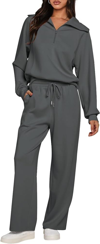 MEROKEETY Women's 2 Piece Outfits 2024 Long Sleeve Half Zip Sweatshirt Wide Leg Sweatpants Lounge... | Amazon (US)