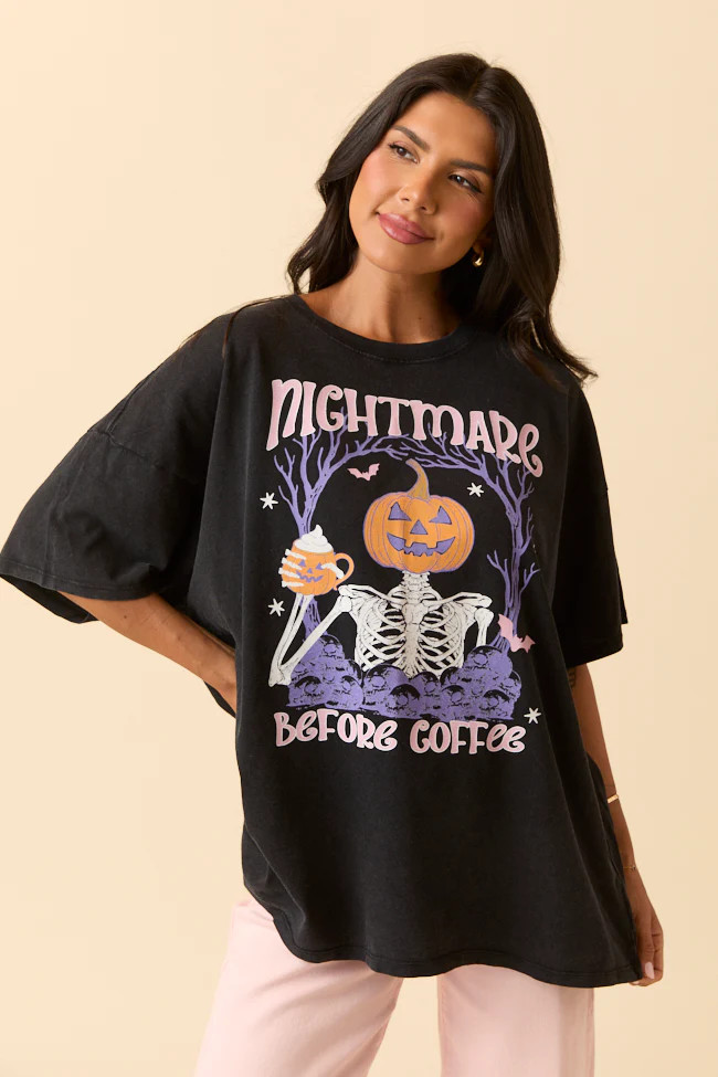 Nightmare Before Coffee Black Oversized Graphic Tee | Pink Lily