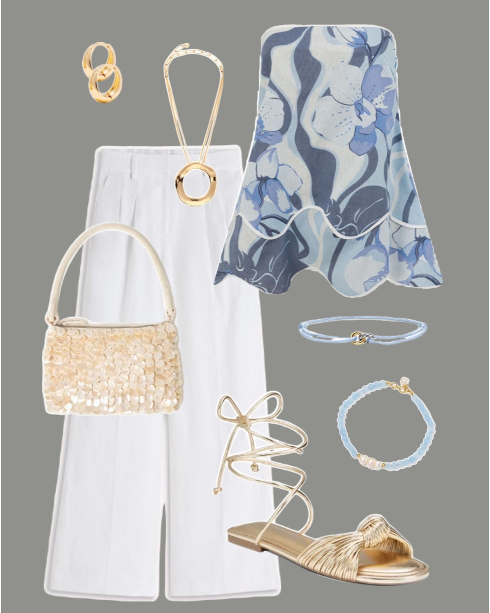 Coastal dinner but make it elevated 🤍🌊

Blue floral strapless top, white tailored trousers, gold lace-up sandals, raffia shoulder bag, gold statement jewelry, Charleston outfit idea, spring vacation outfit, coastal chic look, girls trip dinner outfit, waterfront dinner style, pastel vacation look, classy beach town outfit, feminine spring look, resort wear women, elevated casual outfit, gold sandals outfit, southern style inspo