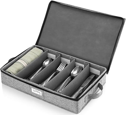 STOZU Flatware Storage Case with 5 Adjustable Compartments - Tableware Utensil Chest with Carryin... | Amazon (US)