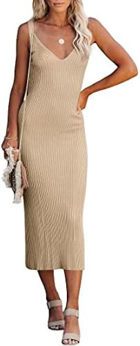 Lacozy Women's 2026 Summer Bodycon Midi Dress Sexy V-Neck Sleeveless Sweater Dress Casual Tank To... | Amazon (US)