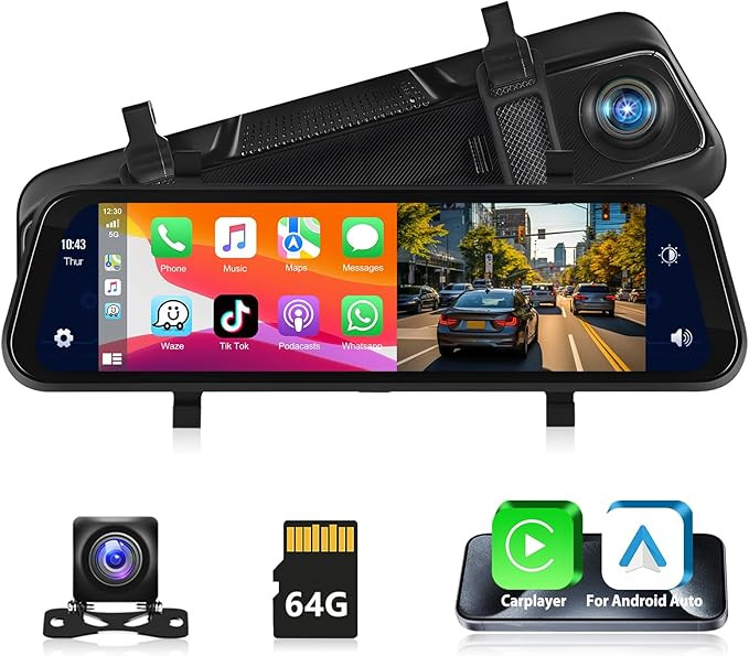9.66" Carplay Mirror Dash Cam Rear View Mirror Camera Front and Rear Dual Cameras Support Android... | Amazon (US)