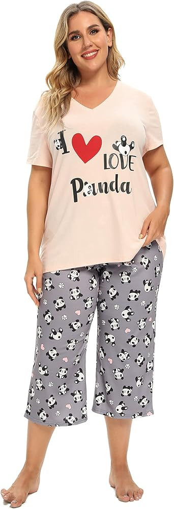 Vozanet Women's Pajamas Set Soft V Neck Sleepwear Top and Capri Pj Lounge Sets Cartoon Heart Shap... | Amazon (US)