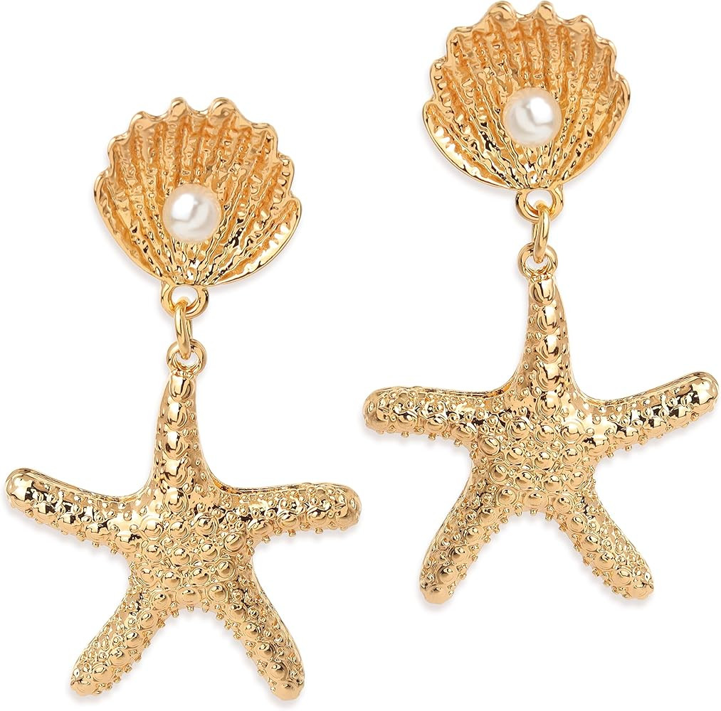 Gold Starfish Shell Cowrie Mermaid Dangle Earrings for Women, Trendy Statement Pearl Seashell Ear... | Amazon (US)