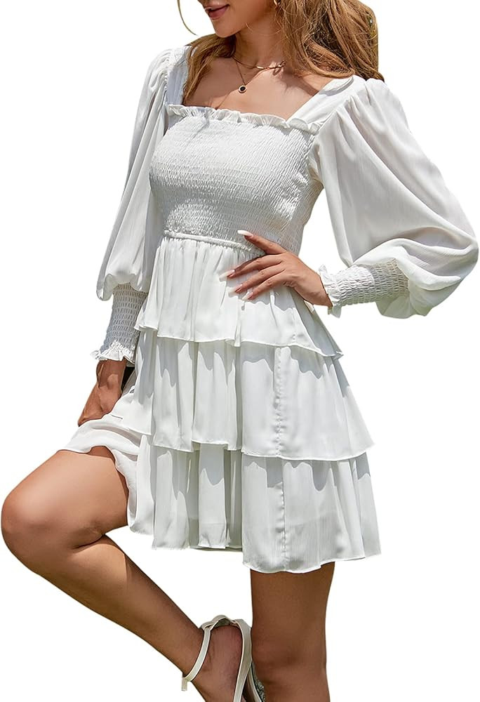 Byinns Women's Square Neck Ruffle Dress Long Sleeve Floral Print Tiered Tie Back Layered Swing Mi... | Amazon (US)