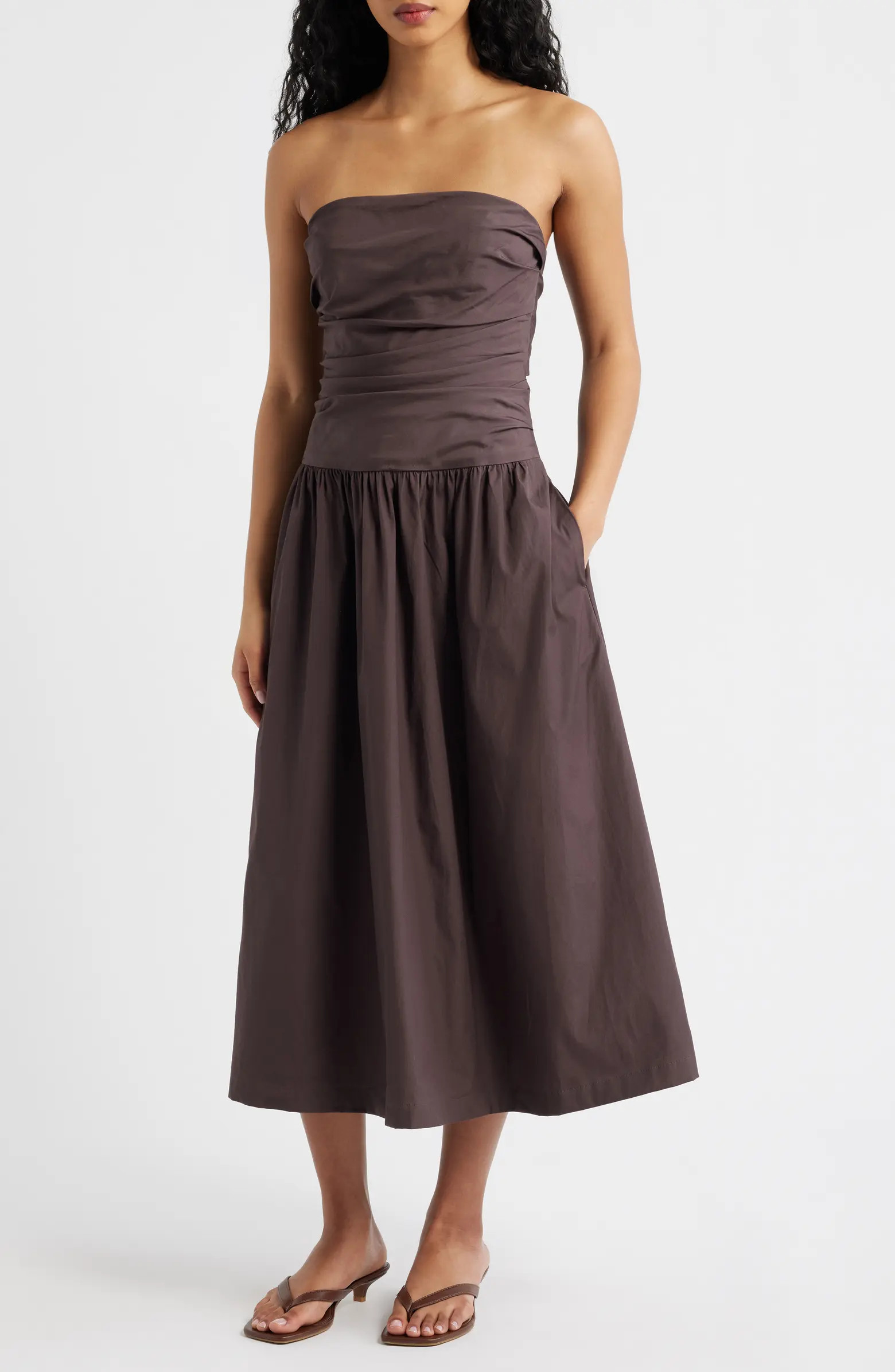 Strapless Ruched Poplin Midi Dress | Nordstrom