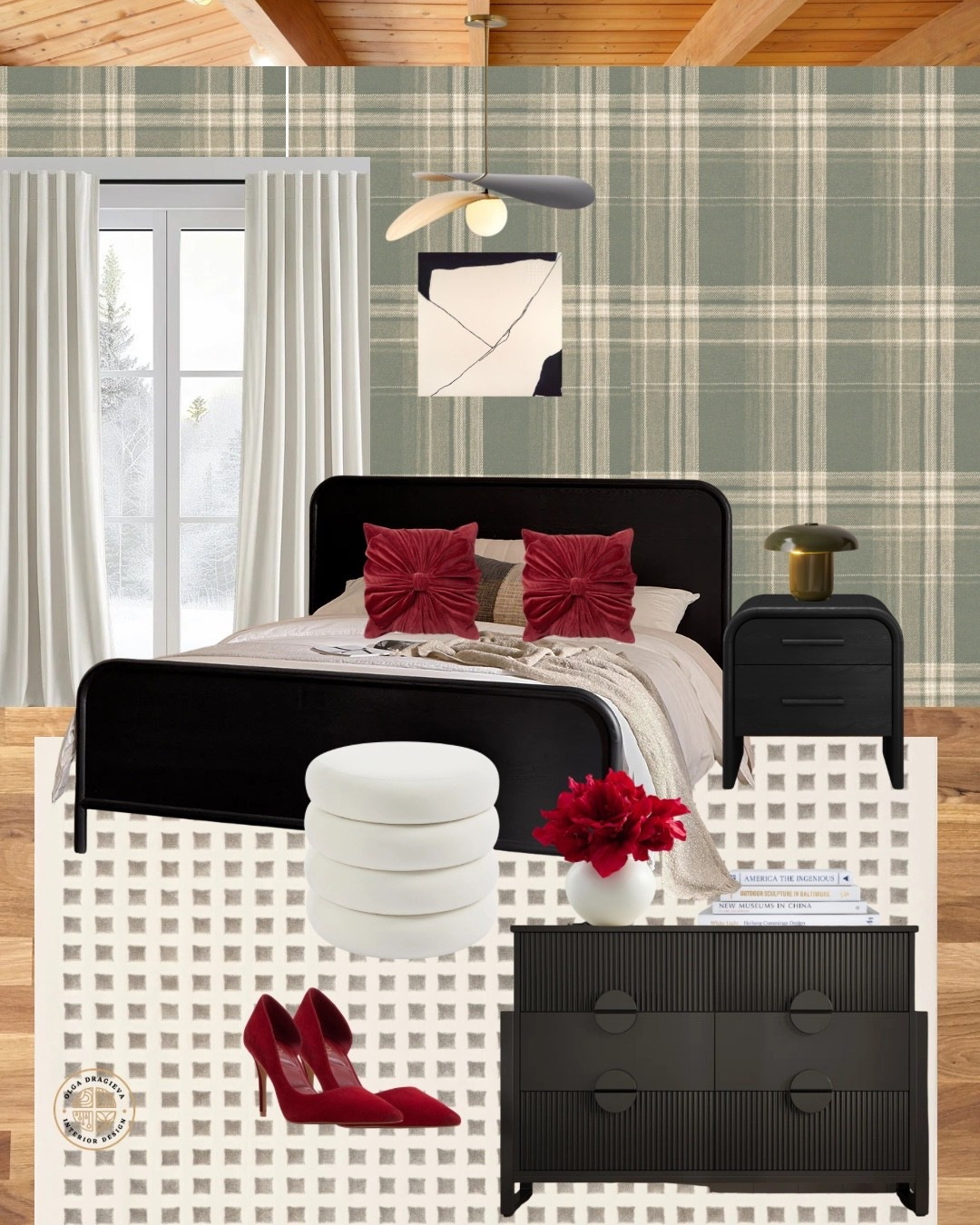 We are going to the cabin, so I was inspired to design a Christmas cabin bedroom for you as well. I love the black queen bed and nightstand from Article, white velvet curtains, plaid wallpaper, velvet storage ottoman and a black dresser, abstract wall art. #bedroom #christmasdecor 

#LTKHome #LTKCyberWeek #LTKHoliday