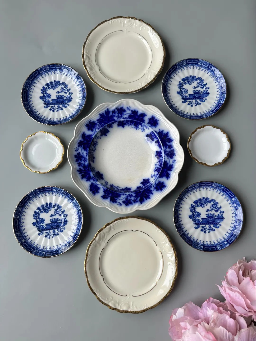 Set of 9 Vintage Porcelain Plates. Mismatched. Cobalt Blue and White With Gold Accents. Wall Disp... | Etsy (US)