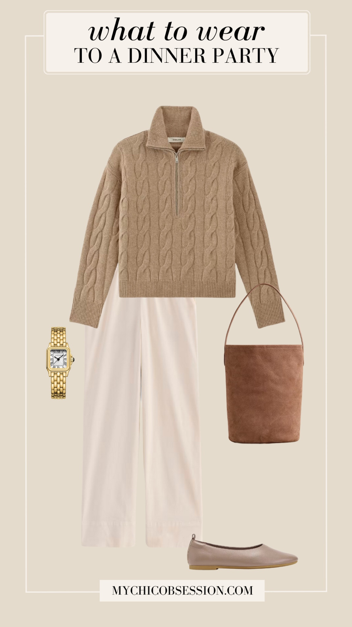 This tan-tone look is perfect for Thanksgiving. Pair the Easy pants from Everlane with a cable-knit half-zip sweater, a suede bucket bag, leather flats and a gold watch.

#LTKSeasonal #LTKStyleTip #LTKHoliday