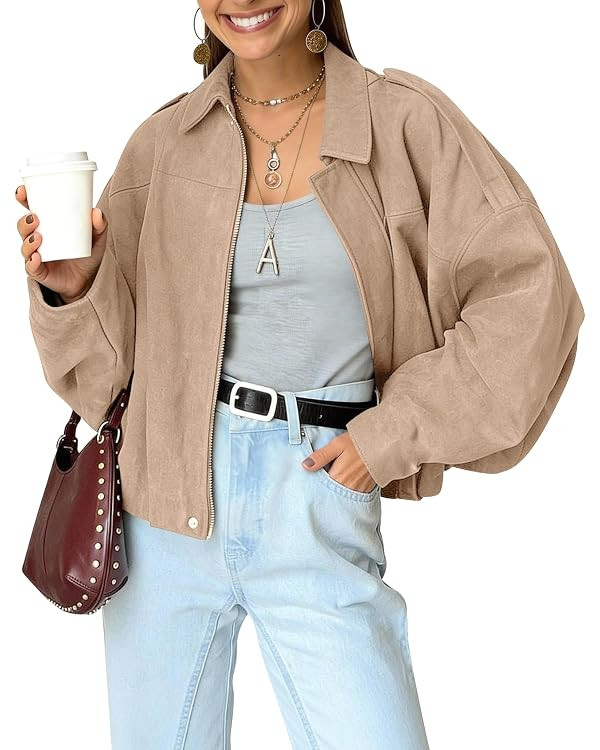 Womens Faux Suede Bomber Jacket Oversized Batwing Long Sleeve Zip Up Cropped Coat Streetwear | Amazon (US)