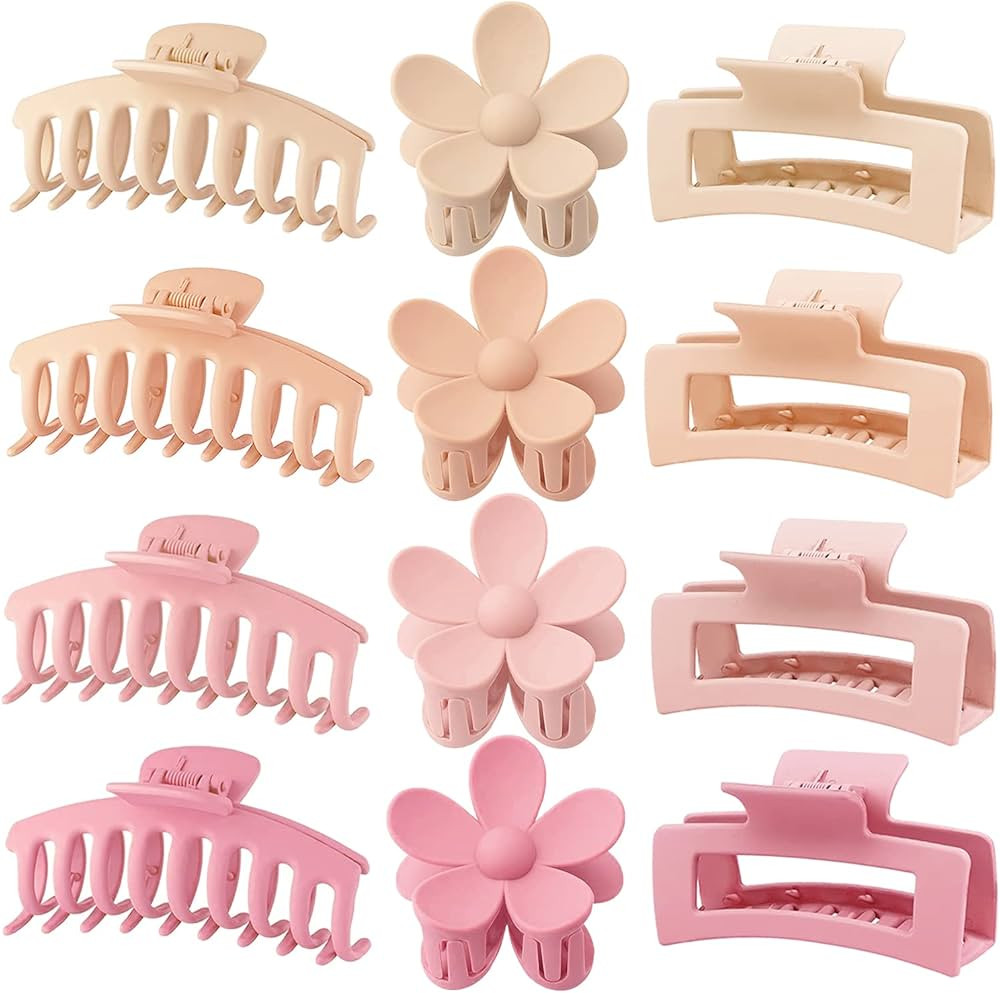 Large Hair Claw Clips 12 Pack, Flower Hair Clips for Thin Hair, Big Square Matte Strong hold for ... | Amazon (US)