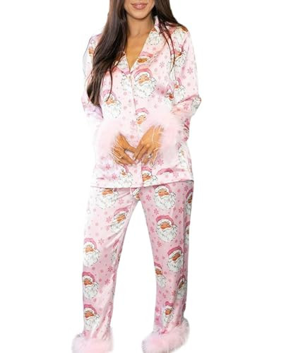 Luckinbaby Women Christmas Pajamas Sets Xmas Long Sleeve Pants Pjs Lounge Set Sleepwear Santa Holiday Feather Trim Nightwear(Furry Pink Santa Pjs,L) | Amazon (US)