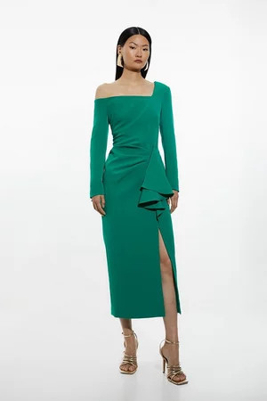 Stretch Crepe Asymmetric Neckline Draped Midi Dress | Karen Millen US