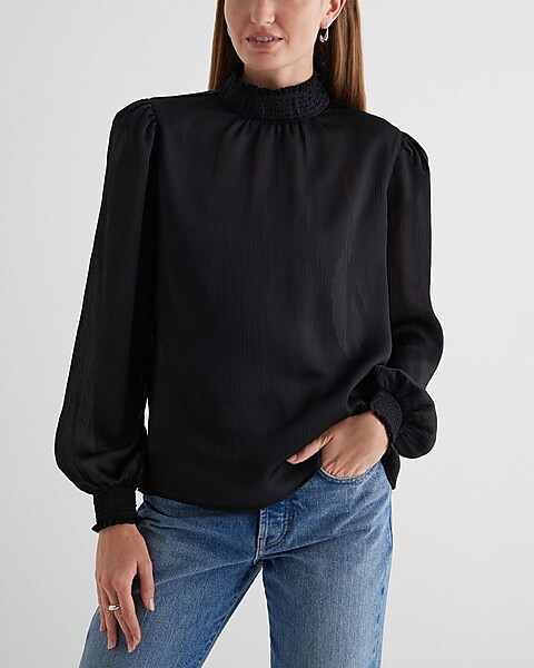 Textured Satin Smocked Mock Neck Long Sleeve Top | Express
