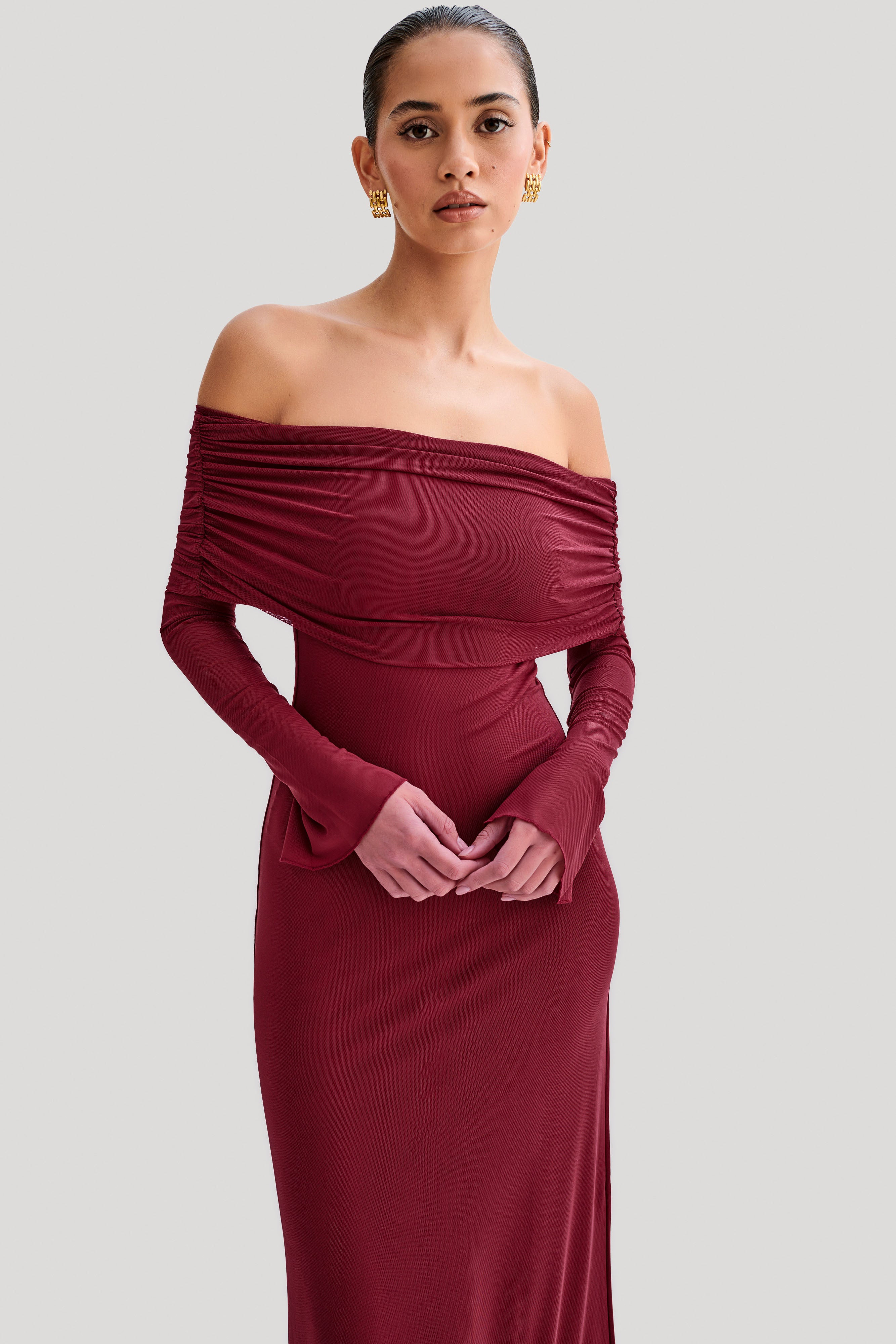Josie Off Shoulder Mesh Maxi Dress - Wine | MESHKI US