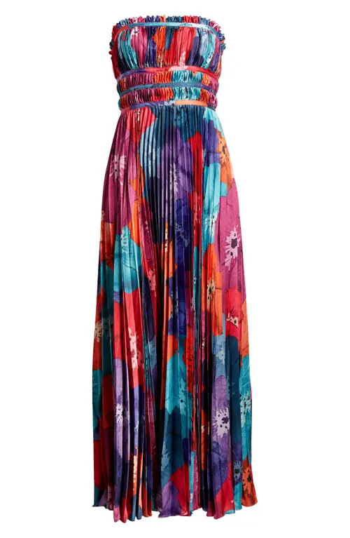 Hutch Sabina Floral Tiered Plissé Gown in Multi Overlapping Poppies at Nordstrom, Size 8 | Nordstrom