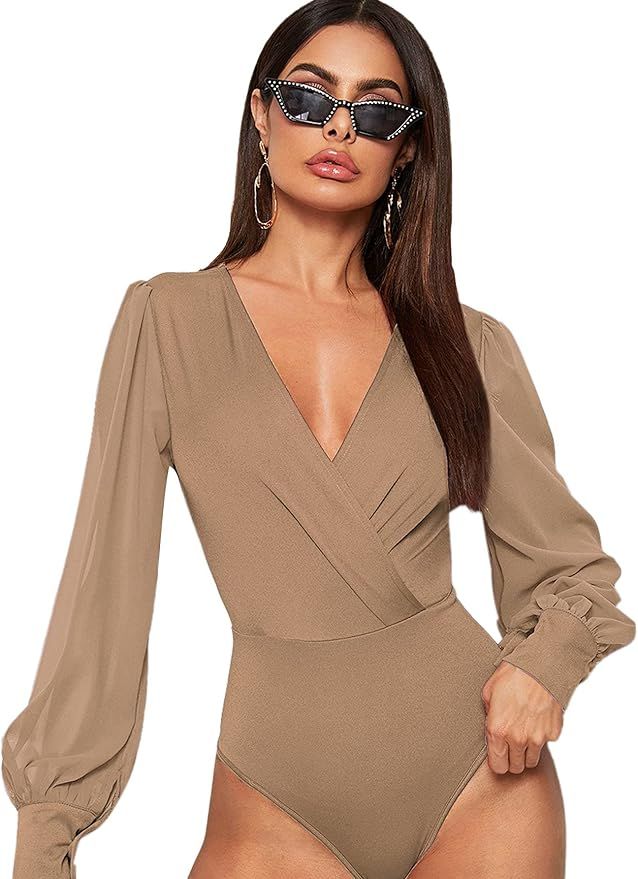 SOLY HUX Women's V Neck Surplice Front Lantern Long Sleeve Bodysuit | Amazon (US)