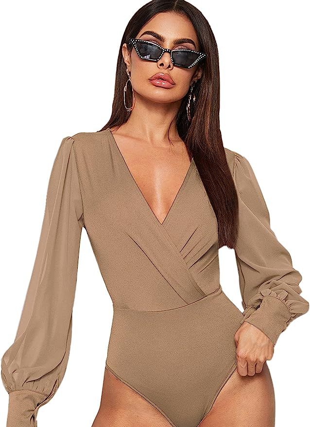 SOLY HUX Women's V Neck Surplice Front Lantern Long Sleeve Bodysuit | Amazon (US)