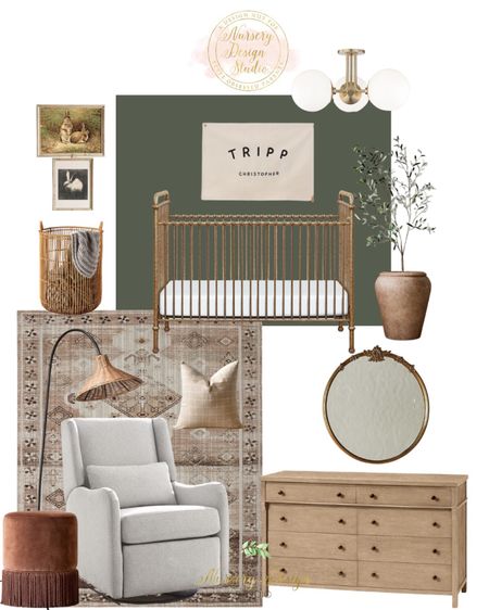 Lovely green nursery design, brown rug, nursery glider, gold crib 

#LTKhome #LTKbump #LTKbaby