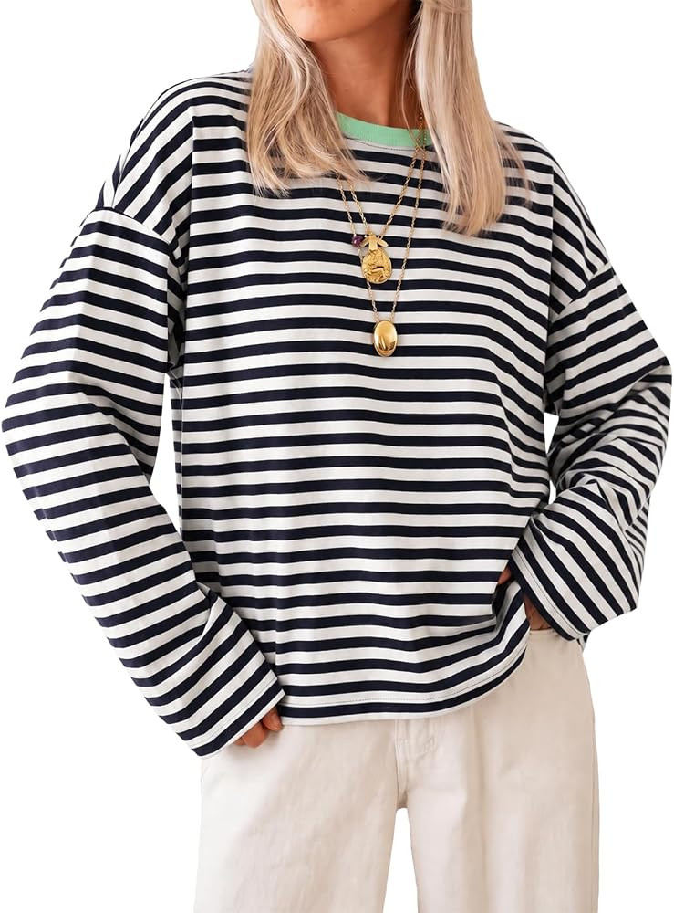 Cicy Bell Womens Striped Long Sleeve Shirts Crew Neck Casual Cotton Tops Loose Fit T Shirts | Amazon (US)