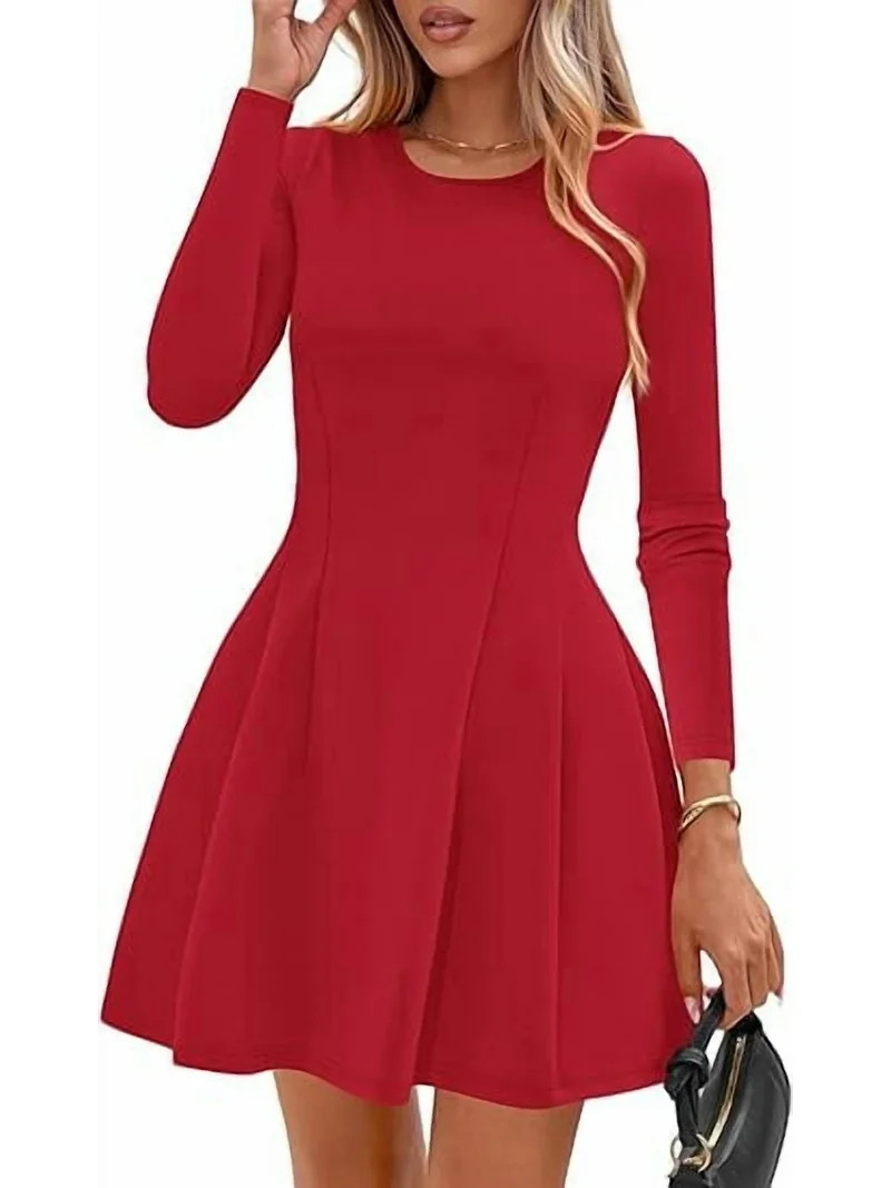 PRETTYGARDEN Long Sleeve Mini Dress for Women Fall Crewneck Knit Pleated Babydoll A Line Soft Cas... | Walmart (US)