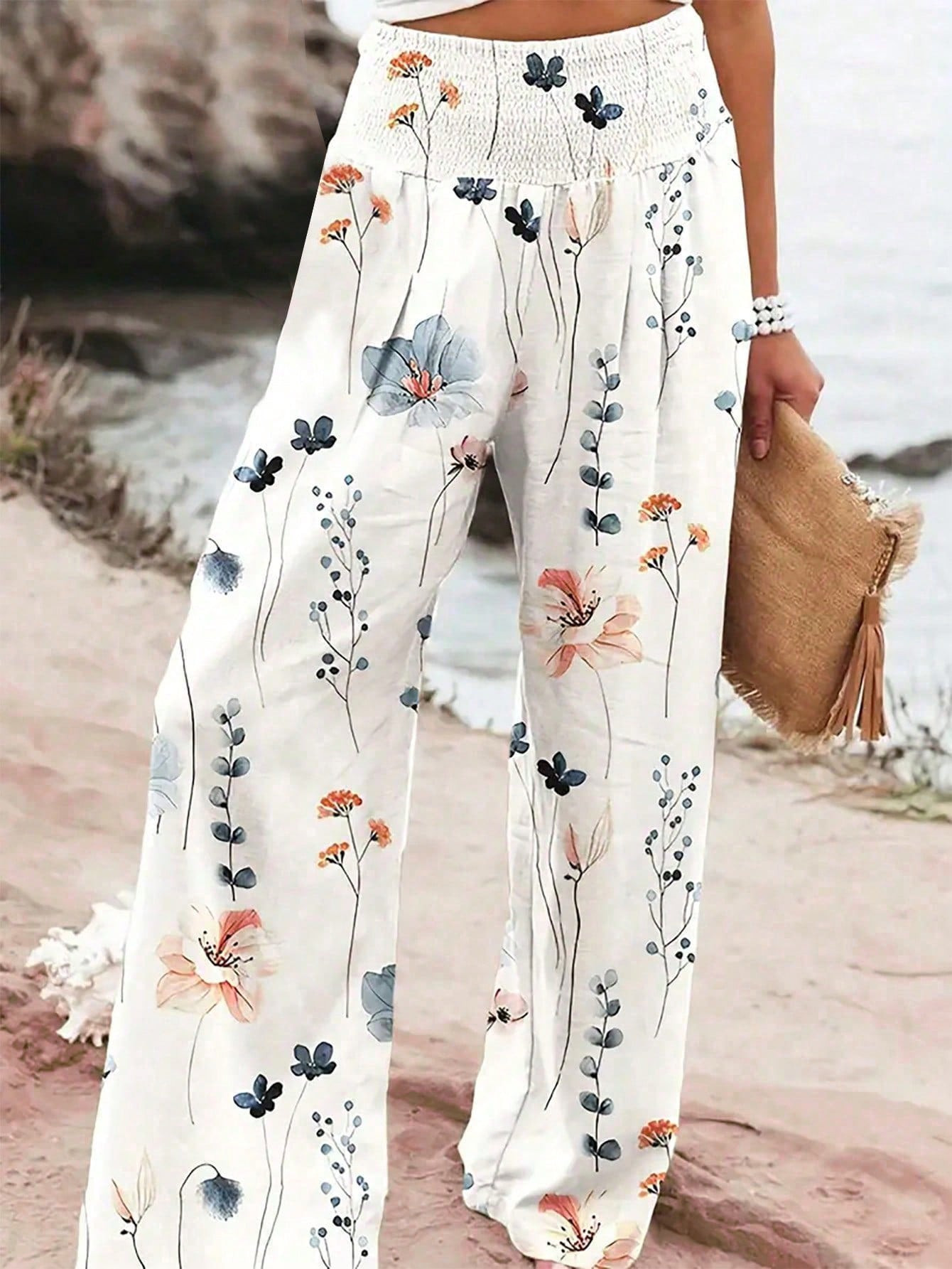 SHEIN LUNE Women Floral Print Wide Leg Spring/Summer Casual And Elegant Trouser Beach Pants | SHEIN