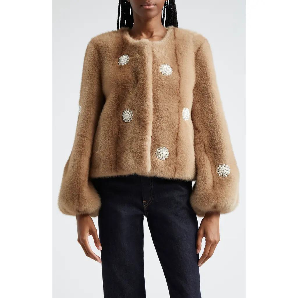 Cinq à Sept Benson Imitation Pearl Detail Faux Fur Coat in Pewter at Nordstrom, Size X-Small | Nordstrom