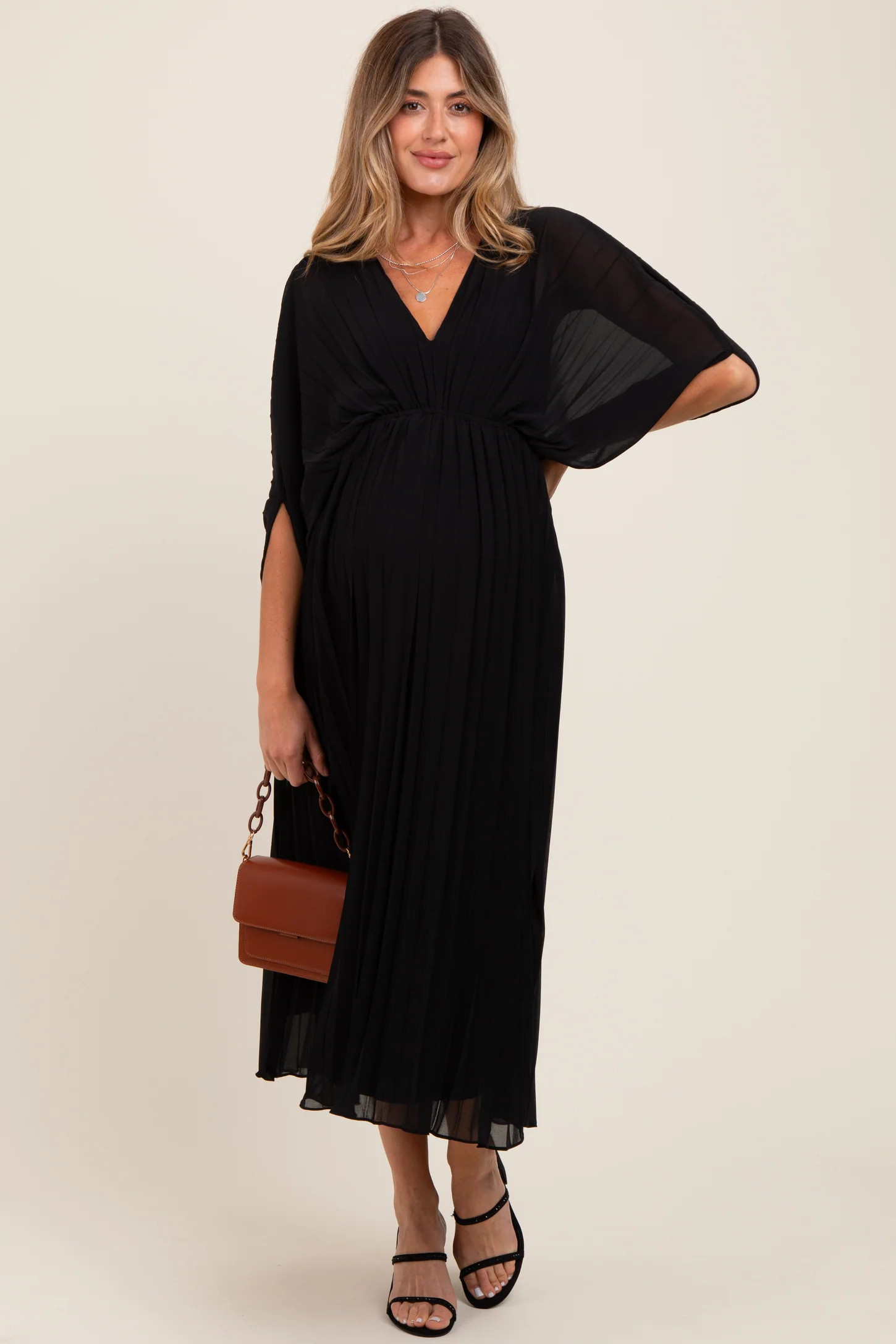 Black Pleated V Neck Maternity Maxi Dress | PinkBlush Maternity