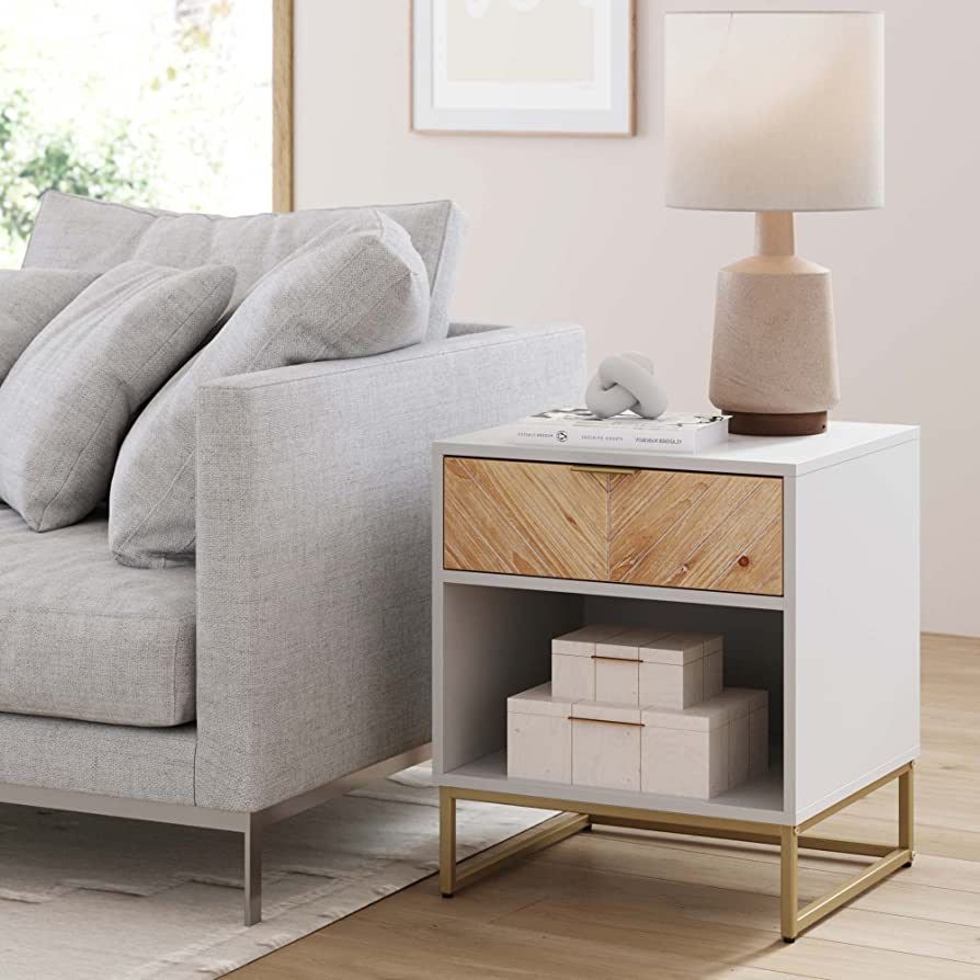 Nathan James Kensi Nightstand Side Accent or End Table with Storage, White/Gold | Amazon (US)