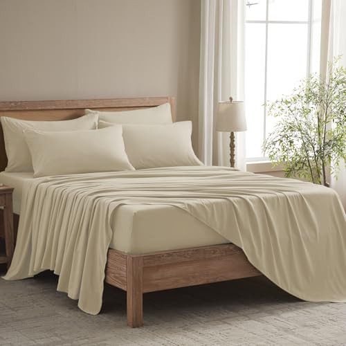 USXIBEI King Size Sheets Set - 6 Piece Luxuriously Soft & Cooling Sheets King Size - Ultra Soft 16" Deep Pocket King Sheet Set - Fitted Sheet & Pillowcase Sets (King Beige) | Amazon (US)