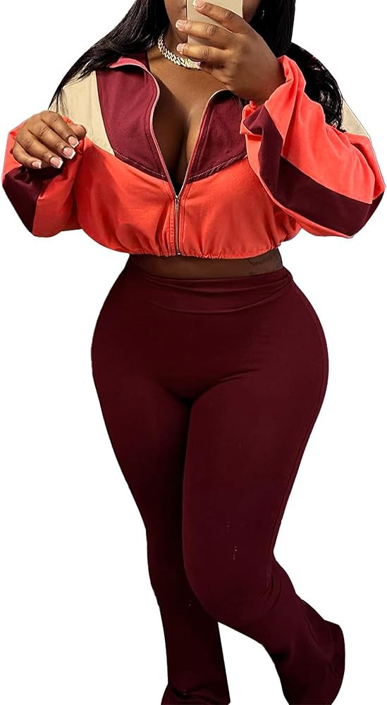 Women's 2 Piece Tracksuit Fall 2025 Long Sleeve Zip Up Jacket Flared Leggings Outfits Jogger Swea... | Amazon (US)