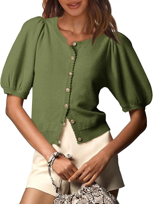 Saodimallsu Womens Puff Short Sleeve Cardigan Lightweight Summer Button Down Shirts Knit Crew Nec... | Amazon (US)
