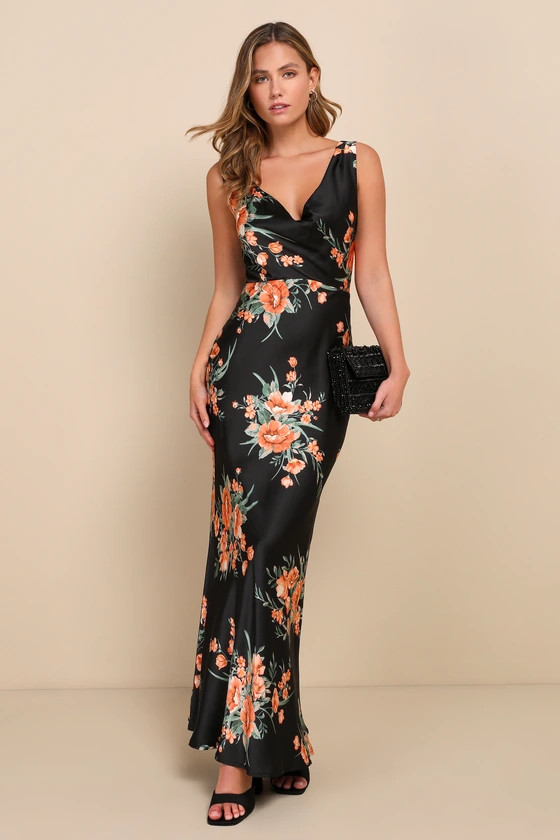 Exquisite Entrance Black Floral Print Satin Cowl Neck Maxi Dress | Lulus (US)