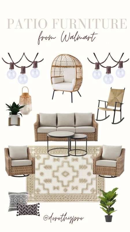 Patio furniture on sale!!! ‼️Cutest home decor for your outdoor patio— including couch, coffee table, & two swivel glider chairs! Also linked my amazon egg chair I got that’s similar to this Walmart one! Both are awesome! 

Outdoor rug, neutral home decor, Modern Rocking chair, egg chair, lantern and strings lights too!! 

#LTKsalealert #LTKSeasonal #LTKhome