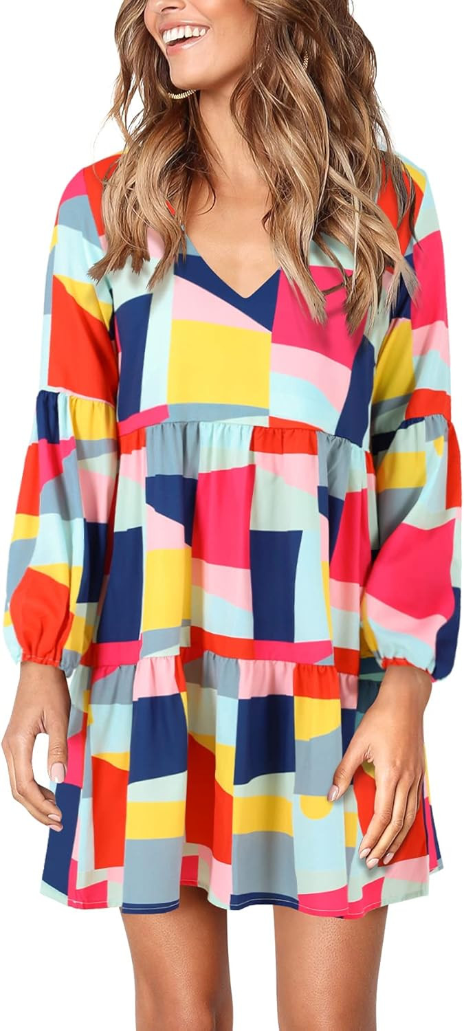 Amoretu Women Summer Tunic Dress V Neck Casual Loose Flowy Swing Shift Dresses | Amazon (US)