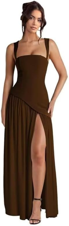 Women's Pleated Satin Prom Dresses Spaghetti Straps Briesmaid Dresses with Slit Evening Gowns | Amazon (US)