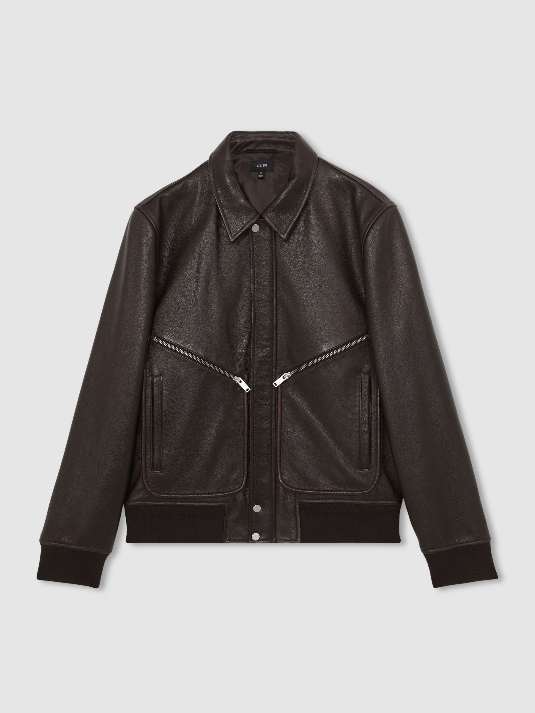 Reiss Burnished-Leather Zip-Through Jacket in Chocolate Brown - REISS | Reiss UK
