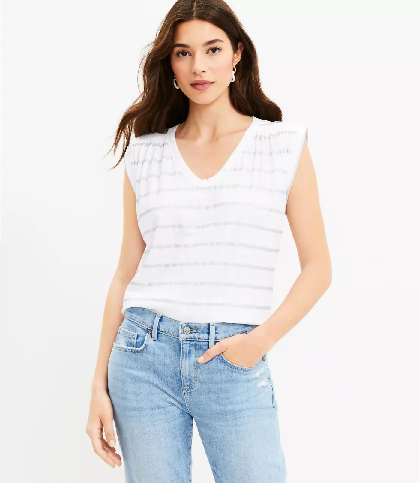 Stripe Smocked V-Neck Muscle Tee | LOFT