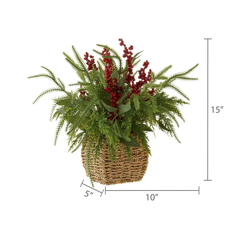 Winter Floral Basket with Berries Christmas Tabletop Decoration, Green and Red, 15", by Holiday T... | Walmart (US)