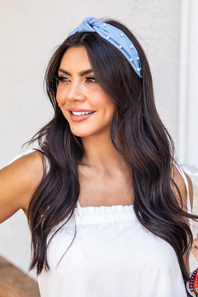 Southern And Sweet Pearl Detail Chambray Knot Headband | Pink Lily