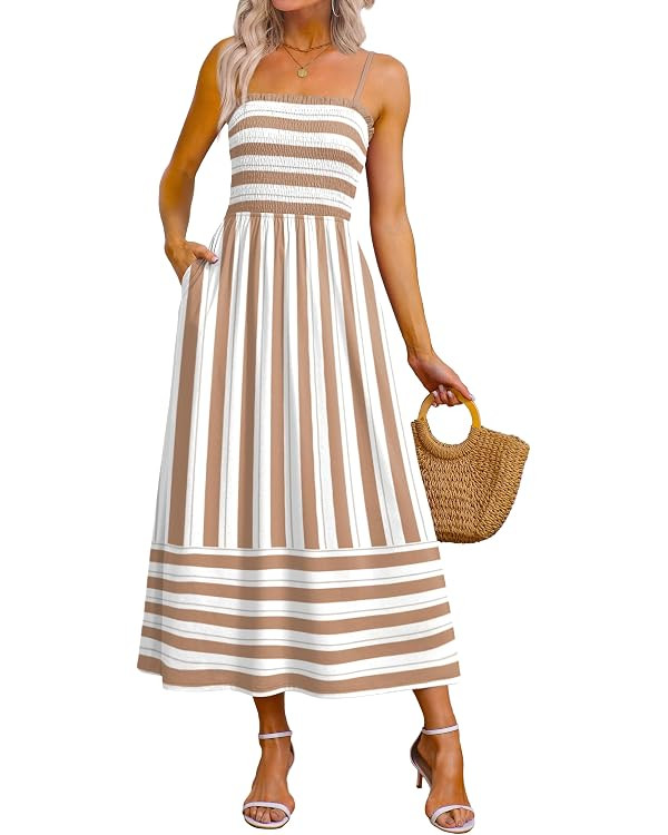 OFEEFAN Womens Spaghetti Strap Maxi Dresses Smocked with Pockets 2026 Summer Spring Casual Boho B... | Amazon (US)