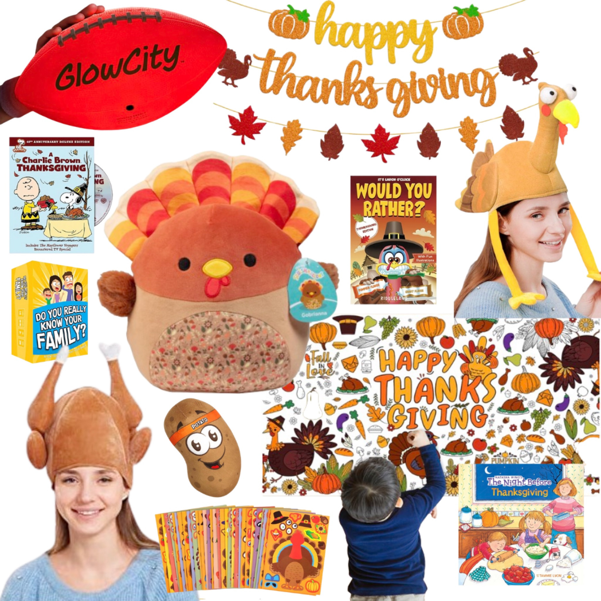 Thanksgiving is coming!! And while the focus is food and not things, I did round up some fun finds to make the day (especially with kids!) a little easier and more enjoyable — from a giant coloring page that doubles as a tablecloth to funny themed hats! A joke book and sticker turkey faces will keep the kids busy while they wait for dinner, and then we’ve got family friendly games and a glow-in-the-dark football to keep the festivities going all evening long! 

#LTKSeasonal #LTKHoliday #LTKKids
