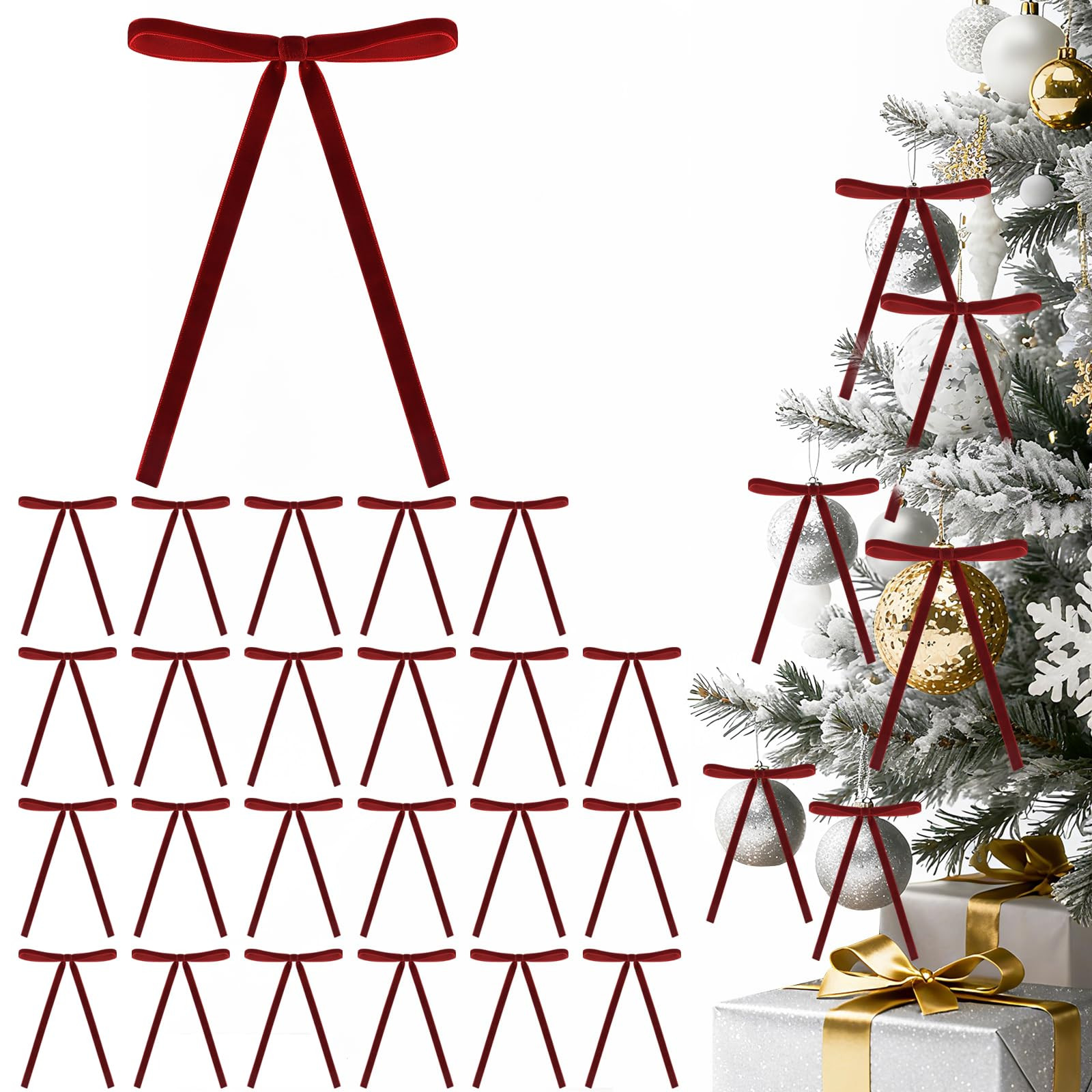 24 PCS Burgundy Velvet Christmas Ornaments, Pre-Tied Vintage Velvet Bows for Christmas Tree, Garl... | Amazon (US)