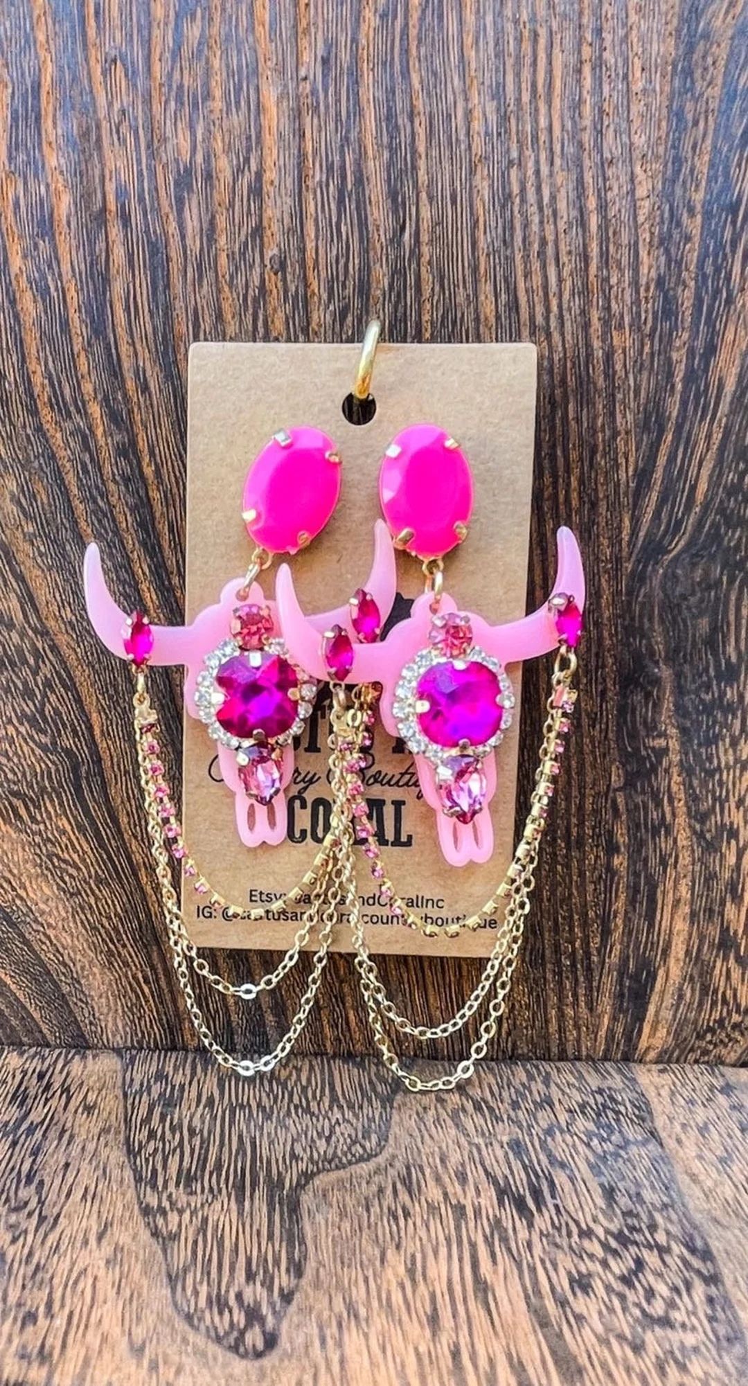 Hot Pink Longhorn Rhinestone Earrings Edgy and Punchy Western Fashion Southwestern Jewelry Long G... | Etsy (US)